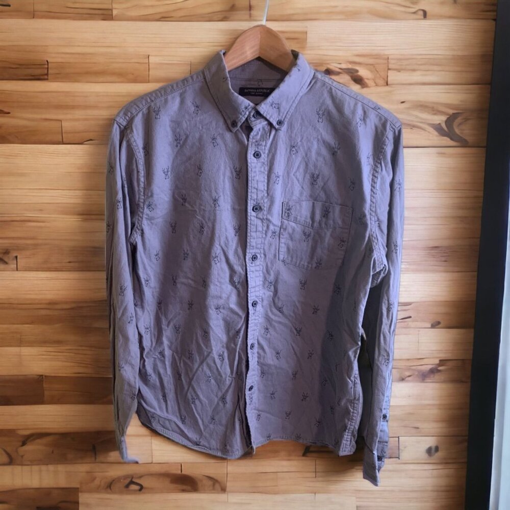 Banana Republic Oxford SlimFit Long Sleeve Shirt Mens Medium Blue Buck Deer Prin
